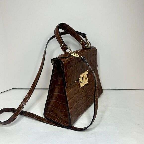 Sali Beige Italian Leather Crocodile Print Top Handle Crossbody Bag Womens - Picture 4 of 12